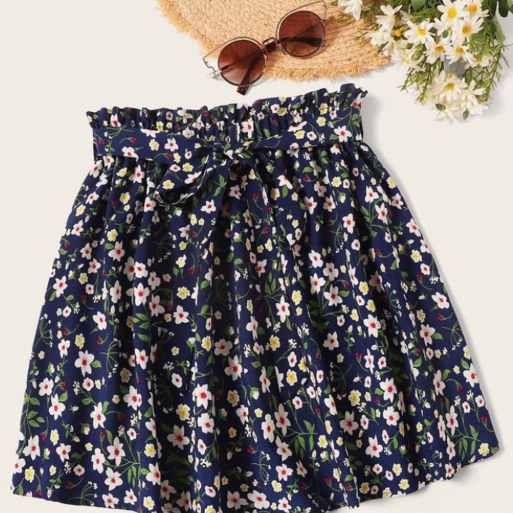 Floral Print Paperbag Mini Skirt